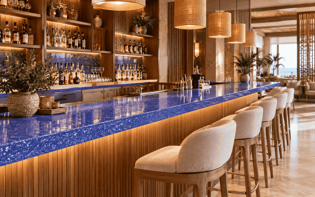 Bali Glaze Lavastone bar counter in Blue Will in a luxury lounge