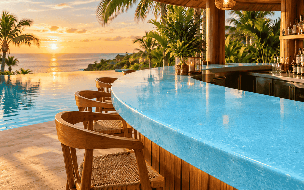 Blue Win glazed lavastone pool bar counter at a tropical villa